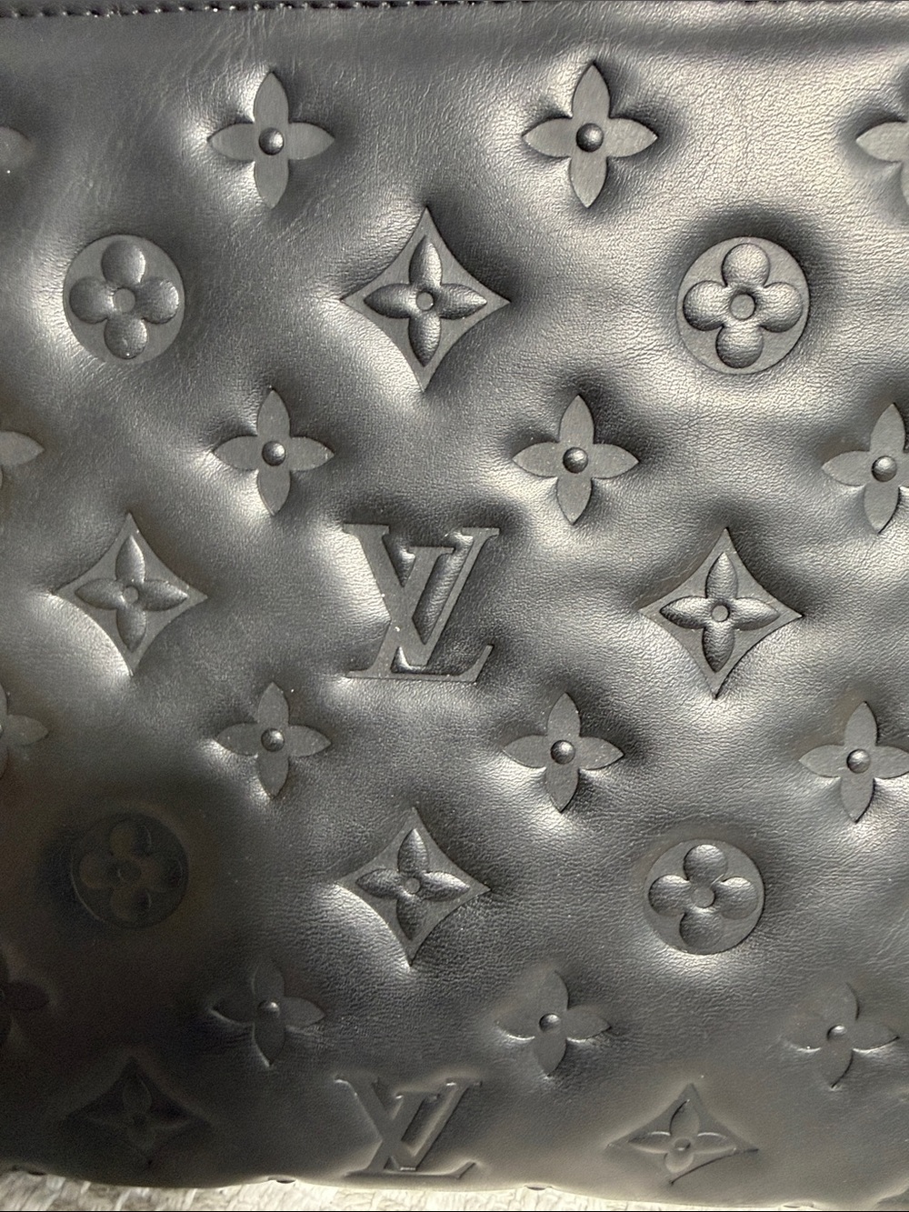 LVBlack Embossed Monogram Leather Pouch with Gold Hardware and shoulder straps - Picture 4 of 10